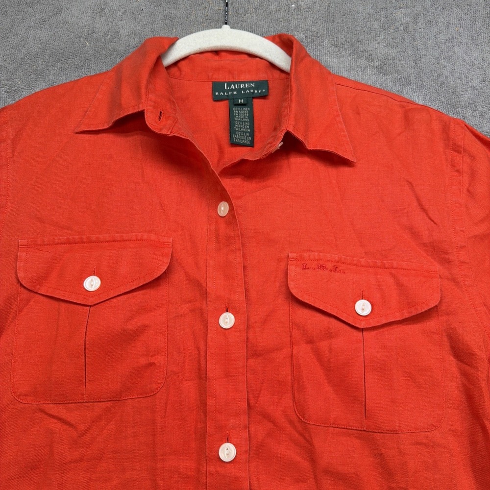 Lauren Ralph Lauren Linen Shirt Red Button Front Short Sleeve Pocket Womens‎ M